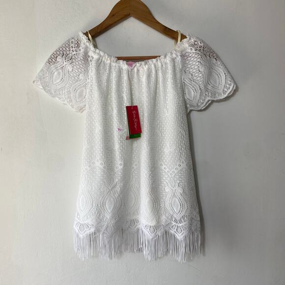 Lilly Pulitzer Tops - Lilly Pulitzer Beach Bliss Fringe Lace Top XS Off Shoulder Resort Vacation Style